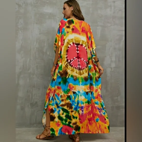 Kaftan Dress Swimsuit Coverup Tie Dye Peace Maxi XL NEW✌️ Last 1 - Picture 5 of 9